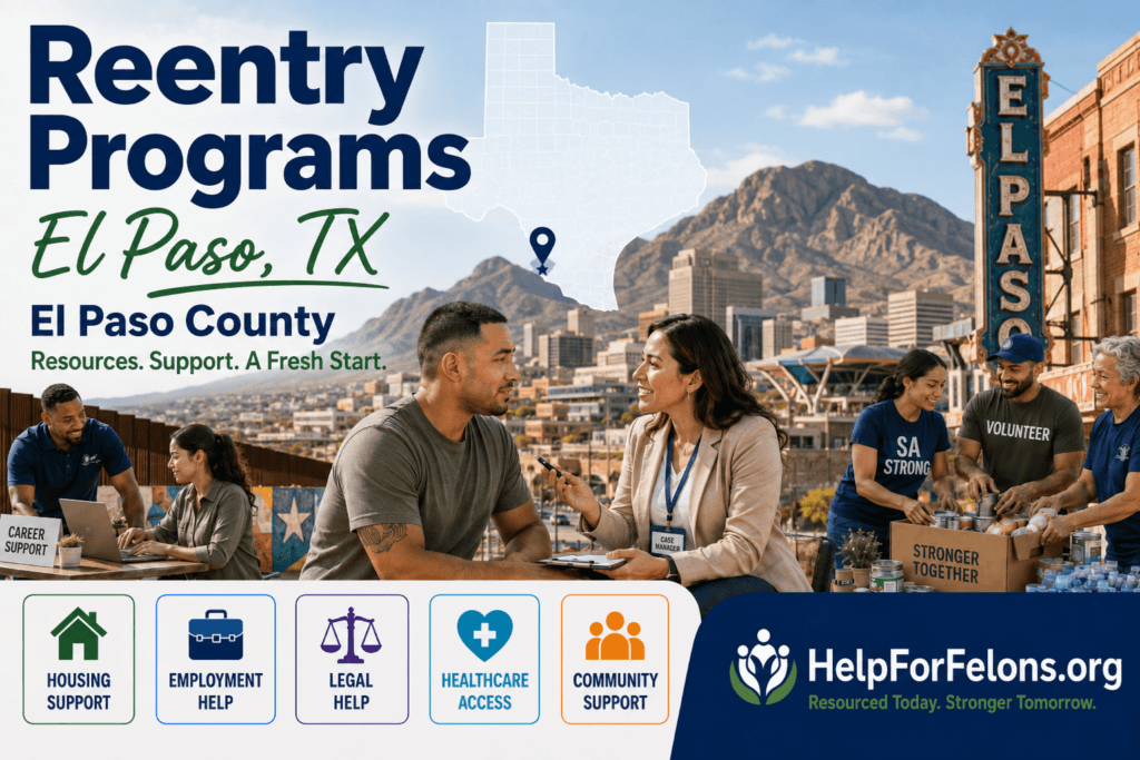 Reentry Programs in El Paso, Texas hero image showing the El Paso skyline, desert mountains, Texas map with location marker, case manager meeting with a client, volunteers providing food support, and icons for housing, employment, legal help, healthcare access, and community support with HelpForFelons.org branding.