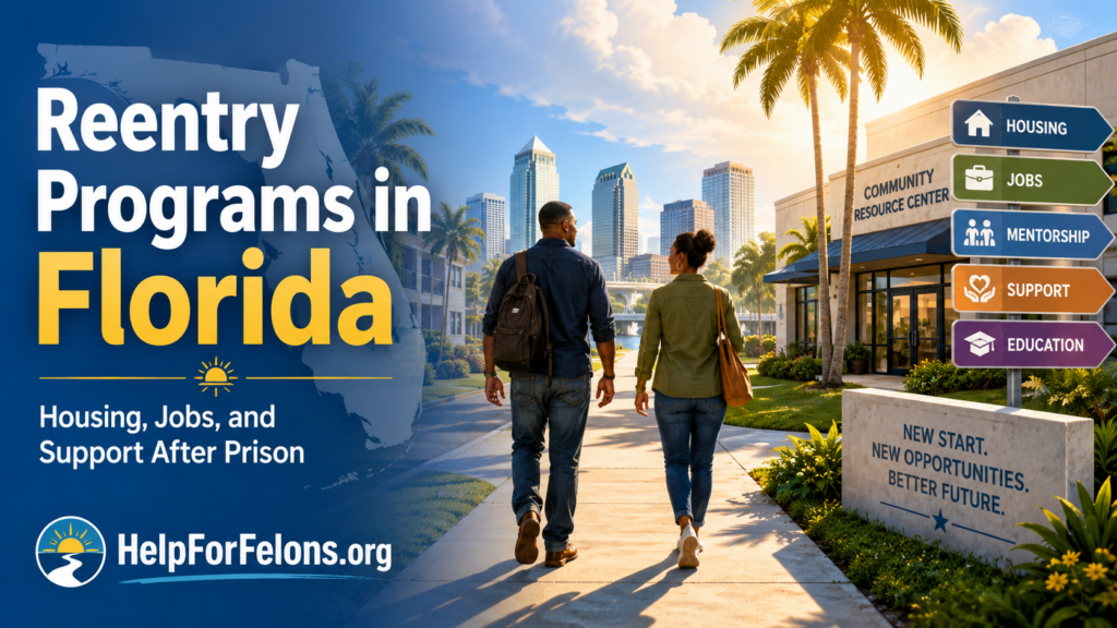 Hero image for Reentry Programs in Florida showing two adults walking toward a community resource center with palm trees, housing, jobs, mentorship, support, and education signs, with HelpForFelons.org branding.