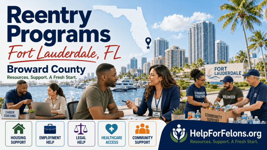 Hero image for Fort Lauderdale reentry programs showing a case manager, job support, community volunteers, housing, legal, healthcare, employment, and Broward County support resources