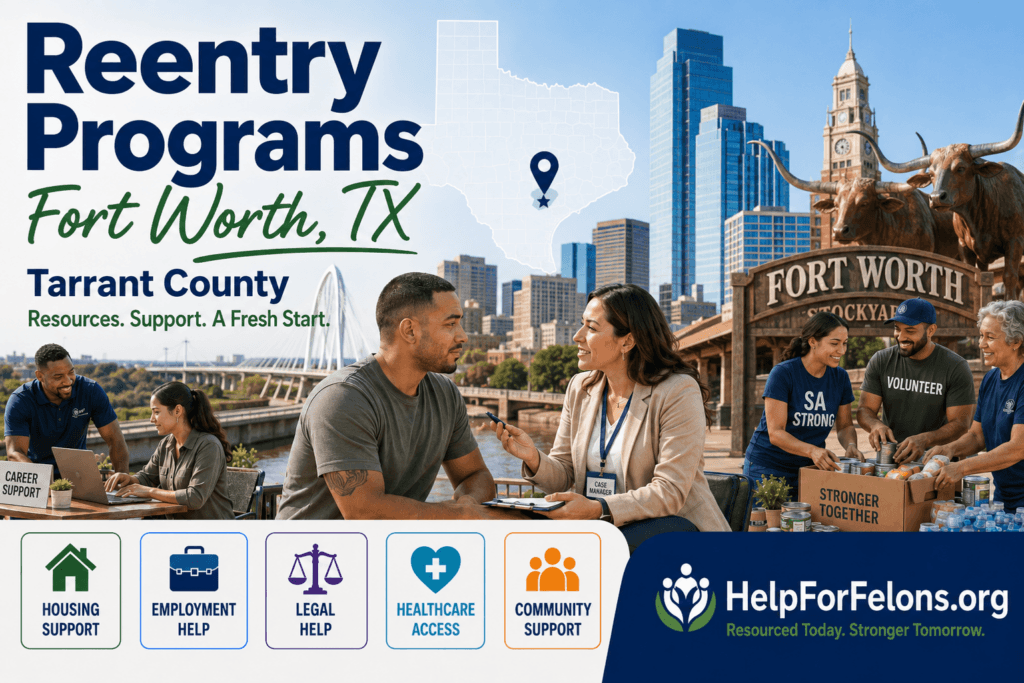 Hero image for Reentry Programs in Fort Worth, TX featuring Tarrant County resources, a Texas map with Fort Worth marked, the Fort Worth skyline and Stockyards sign, people meeting with a case manager, volunteers sorting donated food, service icons for housing support, employment help, legal help, healthcare access, and community support, plus a visible HelpForFelons.org watermark.