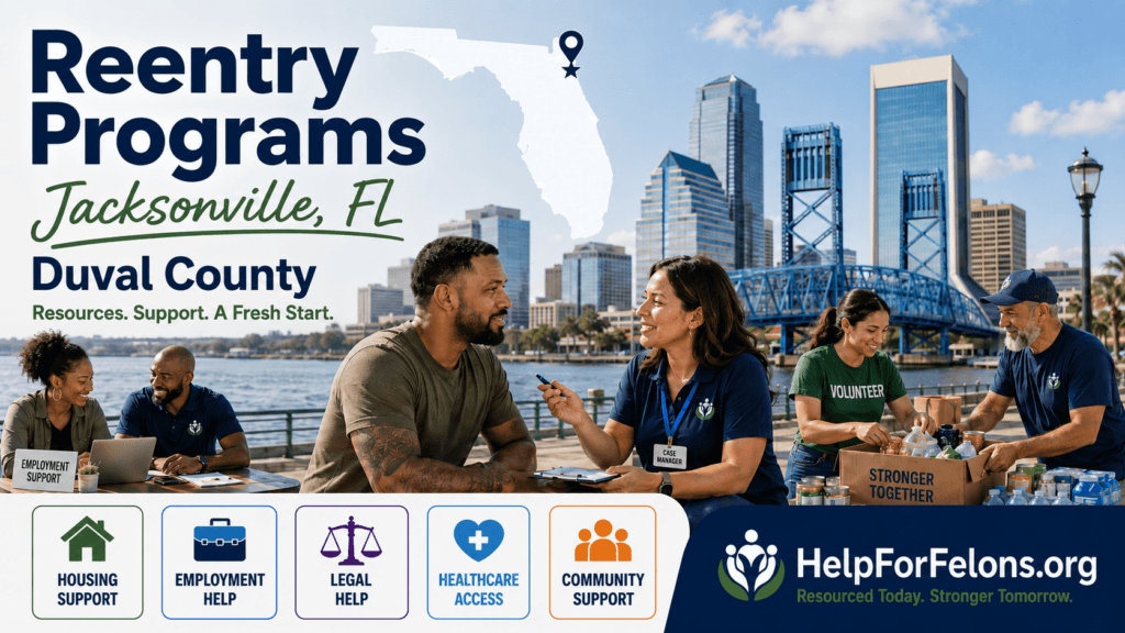 Hero image for reentry programs in Jacksonville, Florida, showing Jacksonville skyline, Florida map pin, case manager meeting with a returning citizen, volunteers packing supplies, and service icons for housing, employment, legal help, healthcare, and community support with HelpForFelons.org branding.