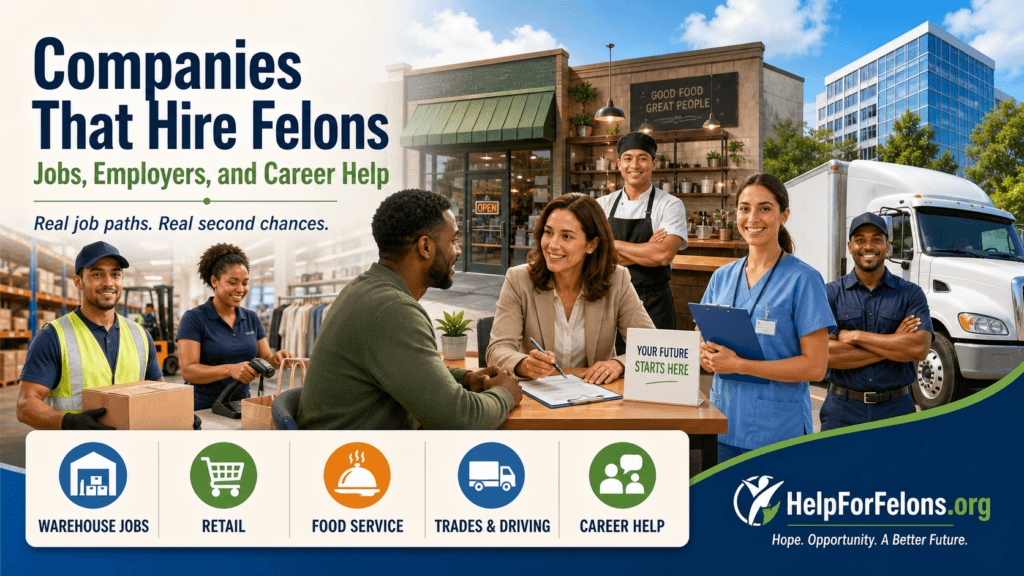 Banner image for HelpForFelons.org showing a diverse group of workers and a job seeker meeting with a career counselor. The scene includes warehouse, retail, food service, healthcare, and trucking workers, with large text reading “Companies That Hire Felons” and “Jobs, Employers, and Career Help.” Icons at the bottom highlight warehouse jobs, retail, food service, trades and driving, and career help, with a HelpForFelons.org watermark in the lower right corner.