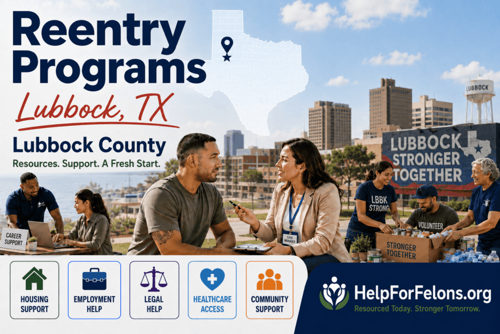 Wide reentry programs graphic for Lubbock, Texas, showing the Lubbock skyline, a Texas map with a location marker, a case manager speaking with a man seeking support, volunteers organizing supplies, and resource icons for housing, employment, legal help, healthcare, and community support, with HelpForFelons.org branding.