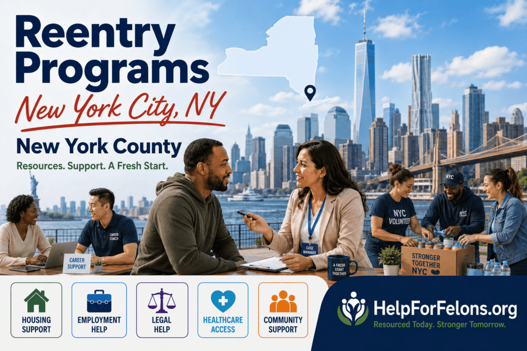Reentry programs in New York City, NY with case manager, community volunteers, skyline, resource icons, and HelpForFelons.org watermark.