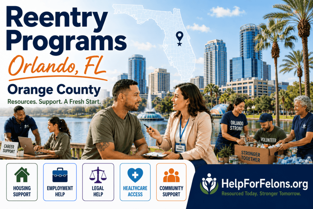 Hero image for Orlando, Florida reentry programs showing a case manager helping a returning citizen, downtown Orlando skyline, Florida map pin, community volunteers, and service icons for housing, employment, legal help, healthcare, and community support with HelpForFelons.org branding.