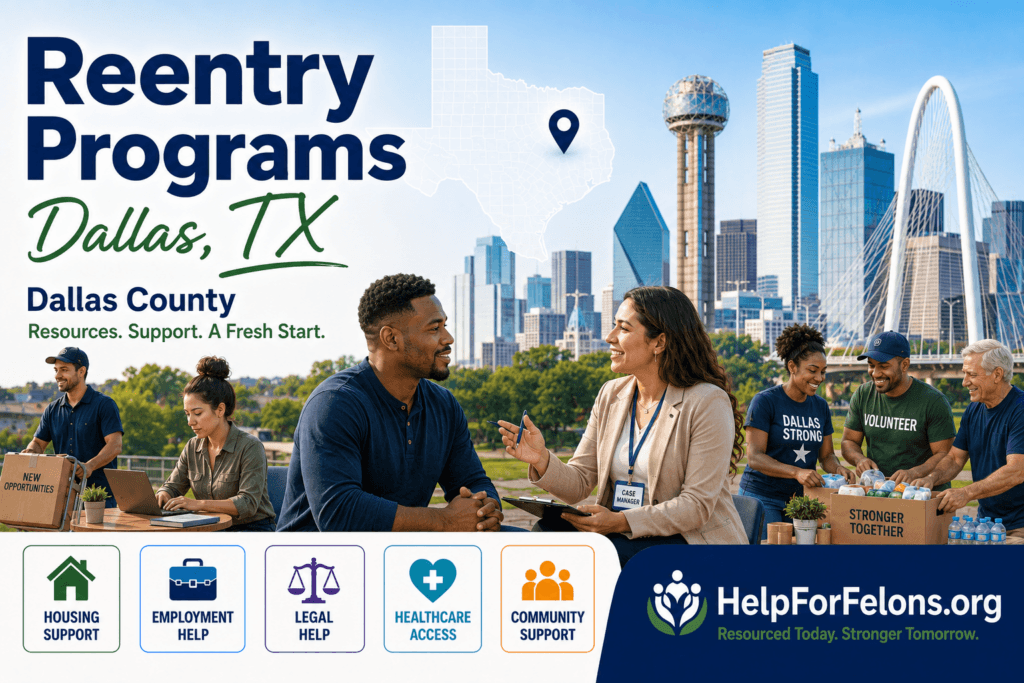 Hero image for reentry programs in Dallas, TX, featuring the Dallas skyline, Reunion Tower, a Texas map with a Dallas location pin, a case manager meeting with a client, volunteers packing supplies, and icons for housing, employment, legal, healthcare, and community support with a HelpForFelons.org watermark.