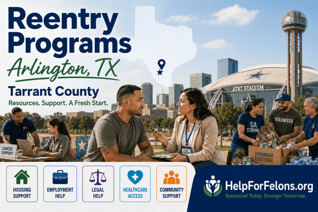 Reentry programs in Arlington, Texas graphic featuring the Arlington skyline, AT&T Stadium, a Texas map marker, case manager support, volunteer food assistance, and icons for housing, employment, legal help, healthcare, and community support with HelpForFelons.org branding.
