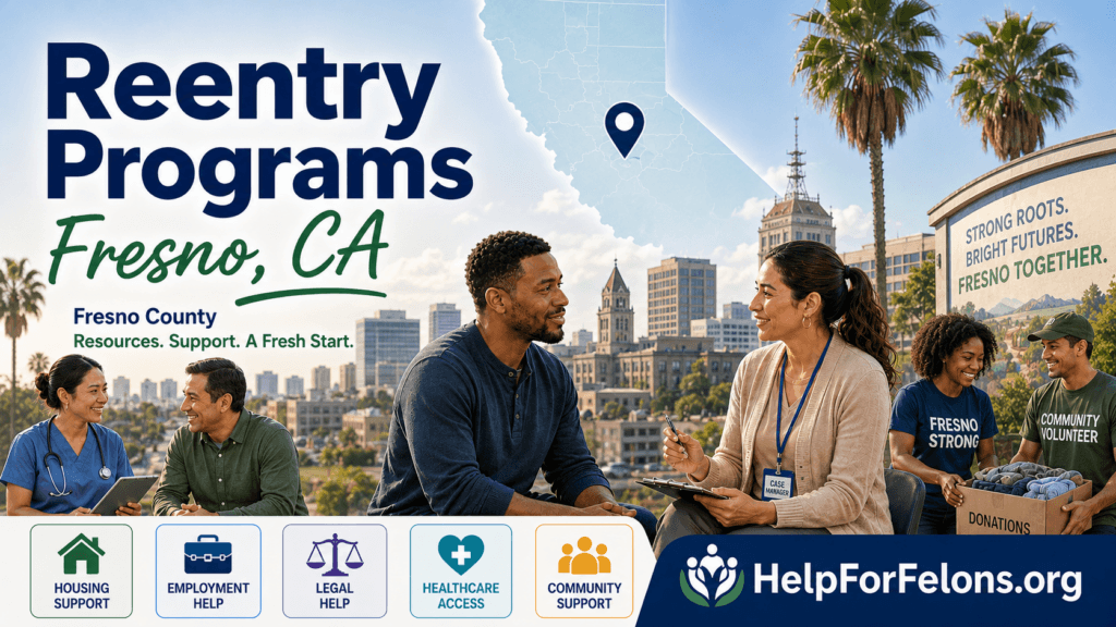 Hero image for Reentry Programs in Fresno, CA showing a case manager helping a man, community volunteers, Fresno County text, support service icons, and HelpForFelons.org watermark.