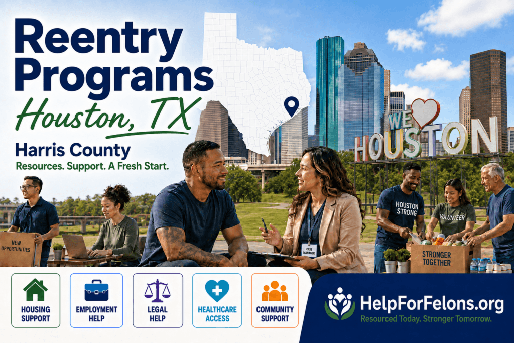 Alt text: Promotional banner for “Reentry Programs Houston, TX” featuring the Houston skyline, a Texas map with a location pin, and text for Harris County with the tagline “Resources. Support. A Fresh Start.” In the foreground, community members are shown job searching, meeting with a case manager, and volunteering with food boxes. Service icons highlight housing support, employment help, legal help, healthcare access, and community support. The bottom right includes the HelpForFelons.org logo and tagline.
