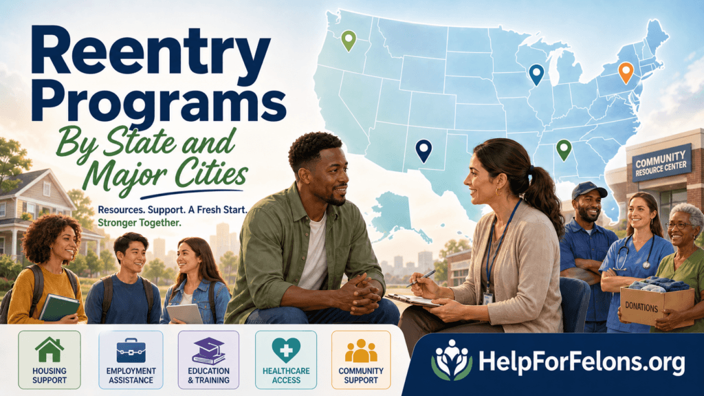 Illustrated banner for HelpForFelons.org showing diverse people meeting with a counselor in front of a U.S. map and a community resource center. Large text reads “Reentry Programs By State and Major Cities.” The image includes icons for housing support, employment assistance, education and training, healthcare access, and community support, with a HelpForFelons.org watermark at the bottom right.
