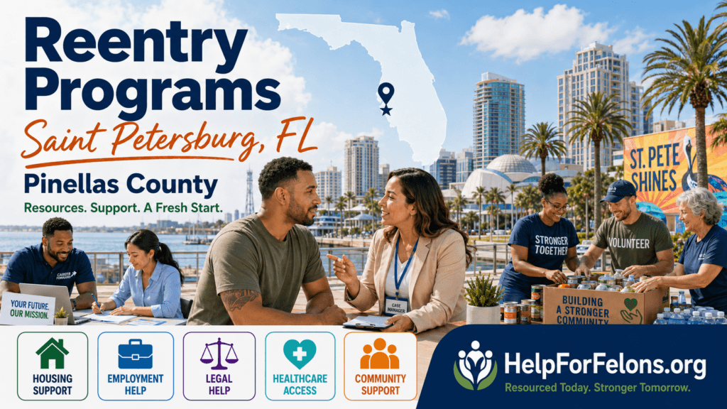 Hero image for Reentry Programs in Saint Petersburg, Florida, showing a case manager helping a returning citizen near the downtown waterfront, with Pinellas County support icons for housing, employment, legal help, healthcare, and community resources plus HelpForFelons.org branding.
