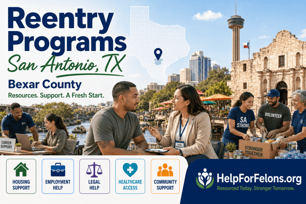 Hero image for reentry programs in San Antonio, Texas, featuring the San Antonio River Walk, Tower of the Americas, the Alamo, a Texas map with a San Antonio location pin, a case manager meeting with a client, volunteers organizing donated food and supplies, and icons for housing, employment, legal, healthcare, and community support with a HelpForFelons.org watermark.