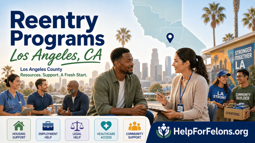 Reentry programs in Los Angeles, CA and Los Angeles County banner showing a person looking toward the Los Angeles skyline with icons for housing, employment, health, legal help, mentorship, and basic needs.