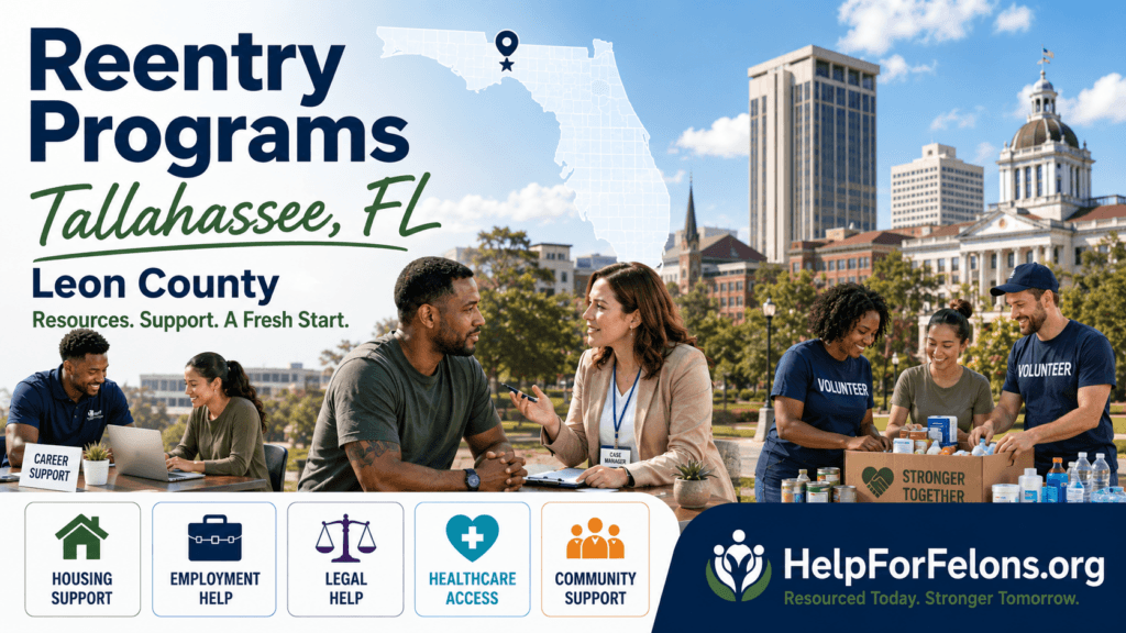 Hero image for Tallahassee, Florida reentry programs showing a case manager helping a returning citizen, volunteers organizing supplies, service icons for housing, jobs, legal help, healthcare, and community support, with the Tallahassee skyline, Florida map marker, Leon County text, and HelpForFelons.org branding.