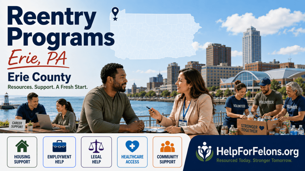 Reentry programs in Erie, PA hero image showing a case manager helping a returning citizen near the Erie waterfront, with career support, volunteers, housing help, employment help, legal help, healthcare access, community support icons, and HelpForFelons.org branding.