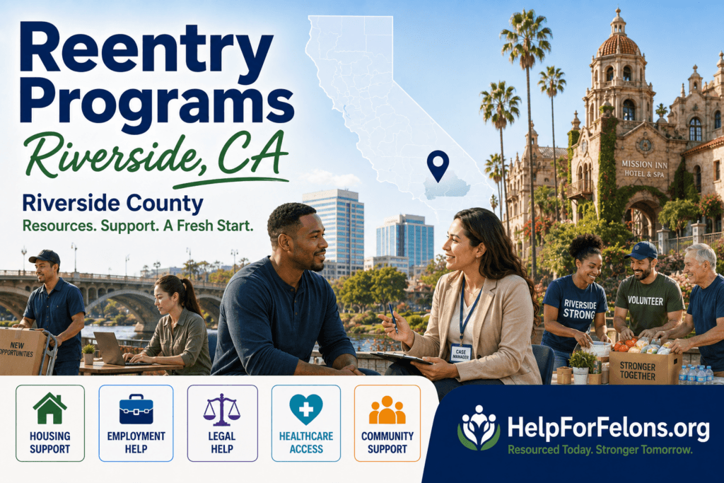 Hero image for Reentry Programs in Riverside, CA, showing Riverside County support resources with the Mission Inn, palm trees, a California map pin, a case manager speaking with a client, volunteers distributing donations, and icons for housing support, employment help, legal help, healthcare access, and community support, with HelpForFelons.org branding