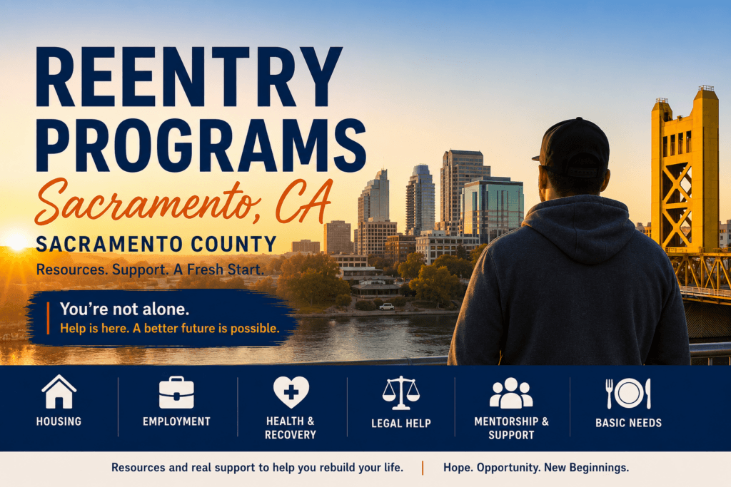 Hero image for Reentry Programs in Sacramento, CA showing the Sacramento skyline and Tower Bridge at sunset, with a man in a hoodie looking out over the city. Large headline text reads “Reentry Programs Sacramento, CA” with “Sacramento County” below, plus icons for housing, employment, health and recovery, legal help, mentorship and support, and basic needs.
