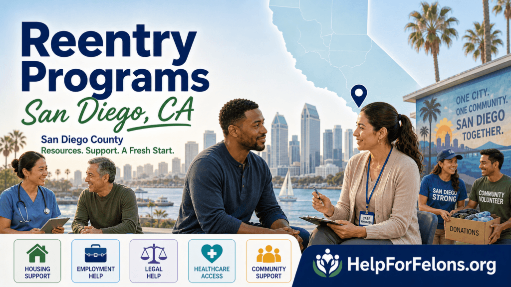 Reentry Programs in San Diego, CA hero image showing a case manager helping a man, with San Diego County support icons for housing, employment, legal help, healthcare, and community resources.