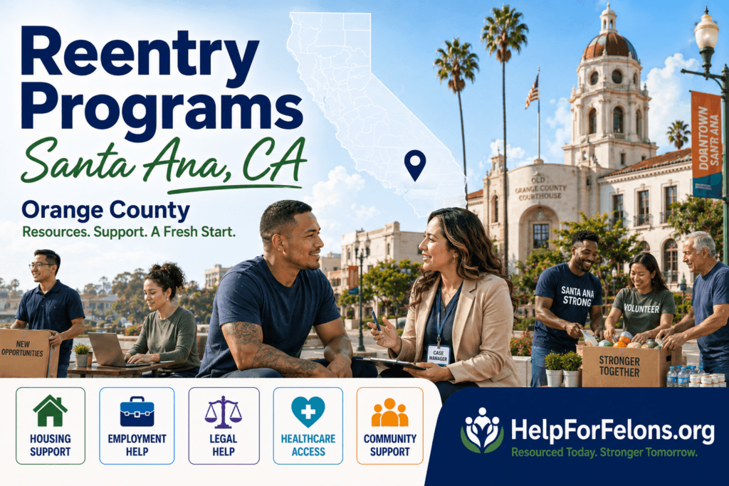 Wide hero image for HelpForFelons.org showing reentry programs in Santa Ana, California, with the Old Orange County Courthouse, palm trees, a California map pin, community volunteers, a case manager helping a returning citizen, and support icons for housing, employment, legal help, healthcare, and community resources.