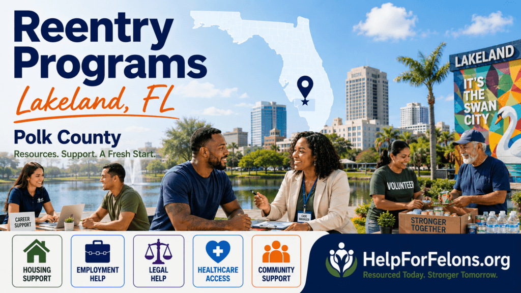 Reentry programs in Lakeland, Florida, showing Polk County support services for housing, employment, legal help, healthcare, and community resources with the HelpForFelons.org watermark.