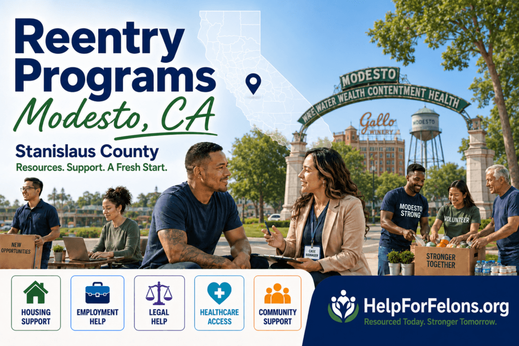 Hero image for a Modesto, California reentry programs page showing supportive community scenes with a case manager, volunteers, job and housing support visuals, a California map marker, the Modesto Arch, and HelpForFelons.org branding for Stanislaus County reentry resources.