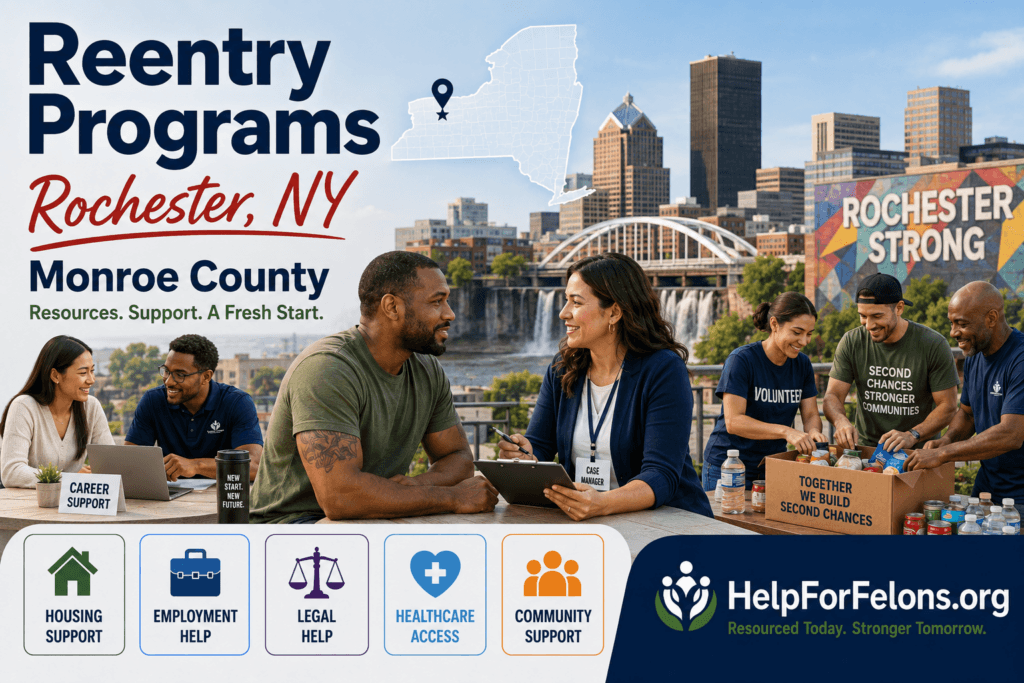 Rochester, NY reentry programs hero image showing a returning citizen meeting with a case manager, local volunteers packing supplies, job support services, a New York map marker, Rochester skyline, and service icons for housing, employment, legal help, healthcare, and community support with HelpForFelons.org branding.