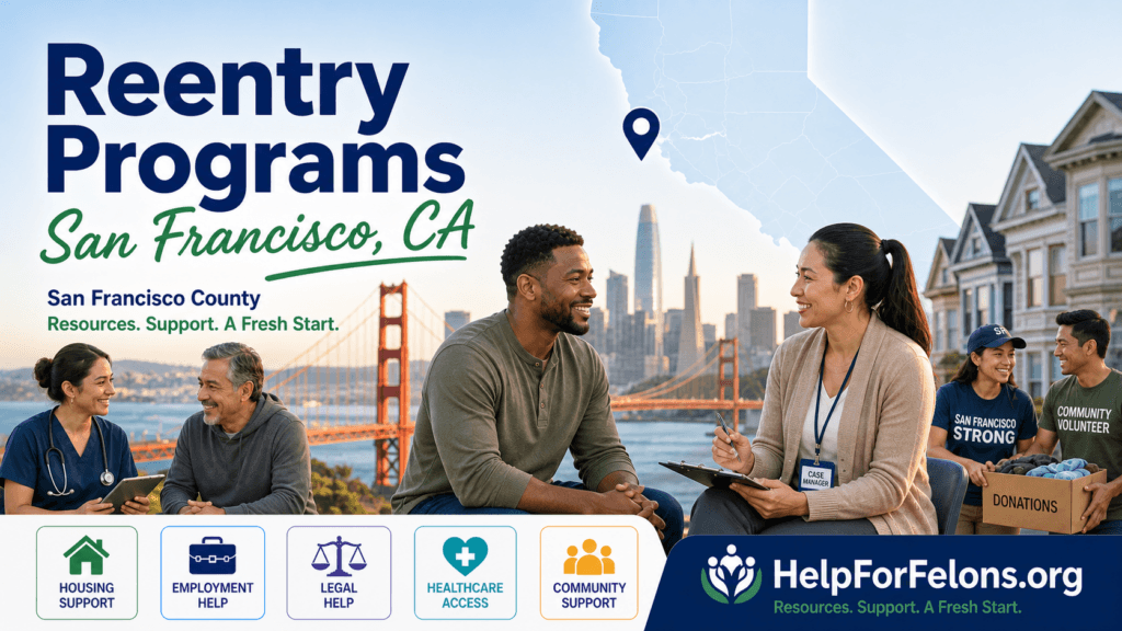 Hero image for Reentry Programs in San Francisco, CA showing the Golden Gate Bridge, San Francisco skyline, supportive case manager meeting with a returning citizen, community volunteers, service icons for housing, employment, legal help, healthcare, and community support, with HelpForFelons.org branding.