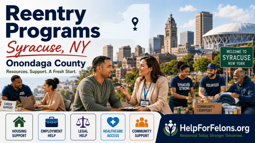 Hero image for Reentry Programs in Syracuse, NY showing a case manager speaking with a man, volunteers sorting community supplies, Syracuse skyline, a New York map marker, and service icons for housing, employment, legal help, healthcare, and community support with HelpForFelons.org branding.