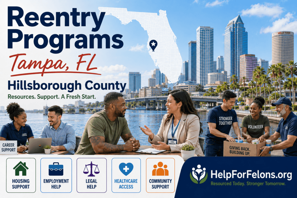 Hero image for Tampa, FL reentry programs with the Tampa skyline, Florida map marker, case manager support scene, community volunteers, and icons for housing, employment, legal, healthcare, and community support.