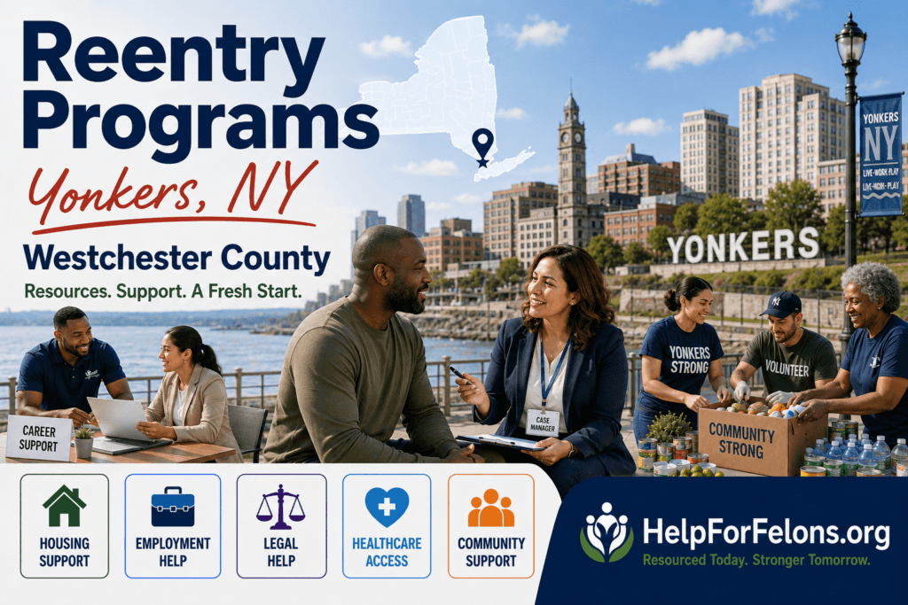 Reentry Programs in Yonkers, NY and Westchester County hero image showing a case manager speaking with a returning citizen near the Yonkers waterfront, with community volunteers, career support, New York map marker, HelpForFelons.org branding, and icons for housing, employment, legal, healthcare, and community support.