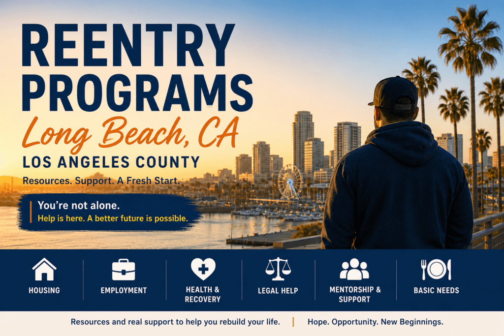 Hero image for Reentry Programs in Long Beach, CA, showing a person overlooking the Long Beach skyline and waterfront with icons for housing, employment, health and recovery, legal help, mentorship, and basic needs.
